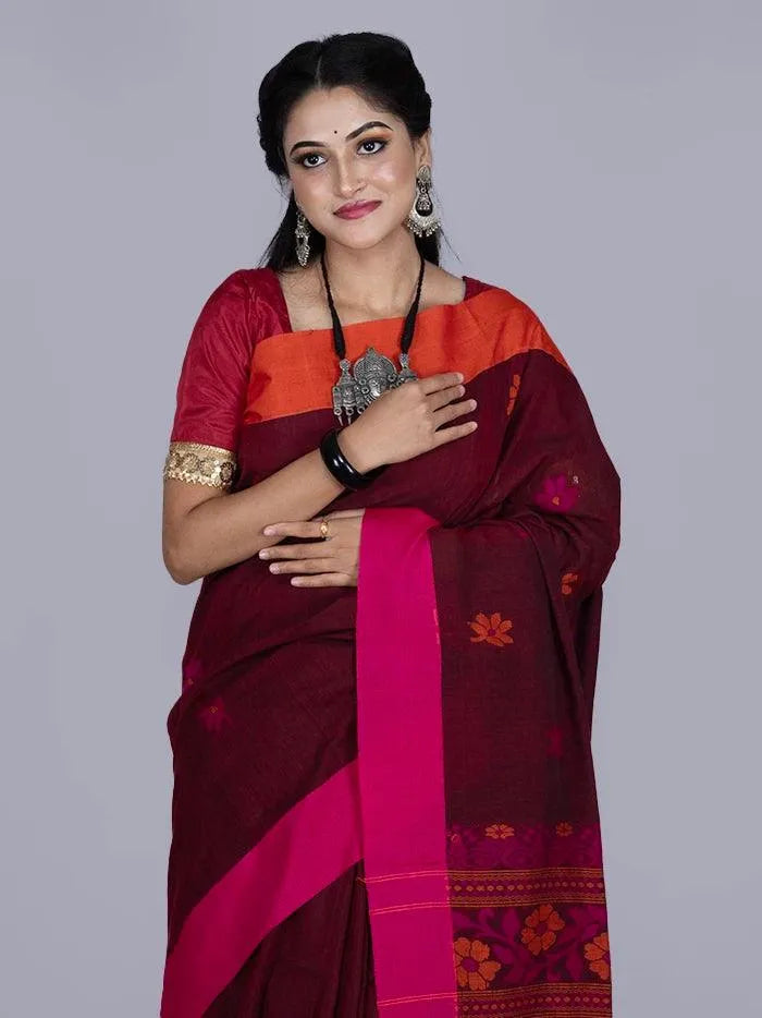 Elegant Maroon Par Anchal Buti Cotton Saree - WeaversIndia