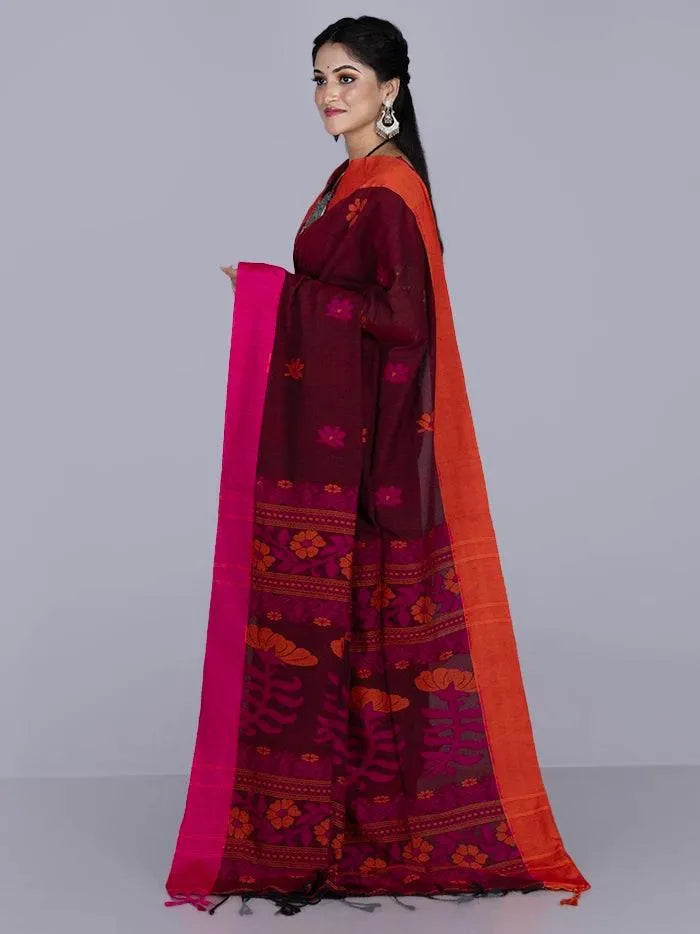 Elegant Maroon Par Anchal Buti Cotton Saree - WeaversIndia