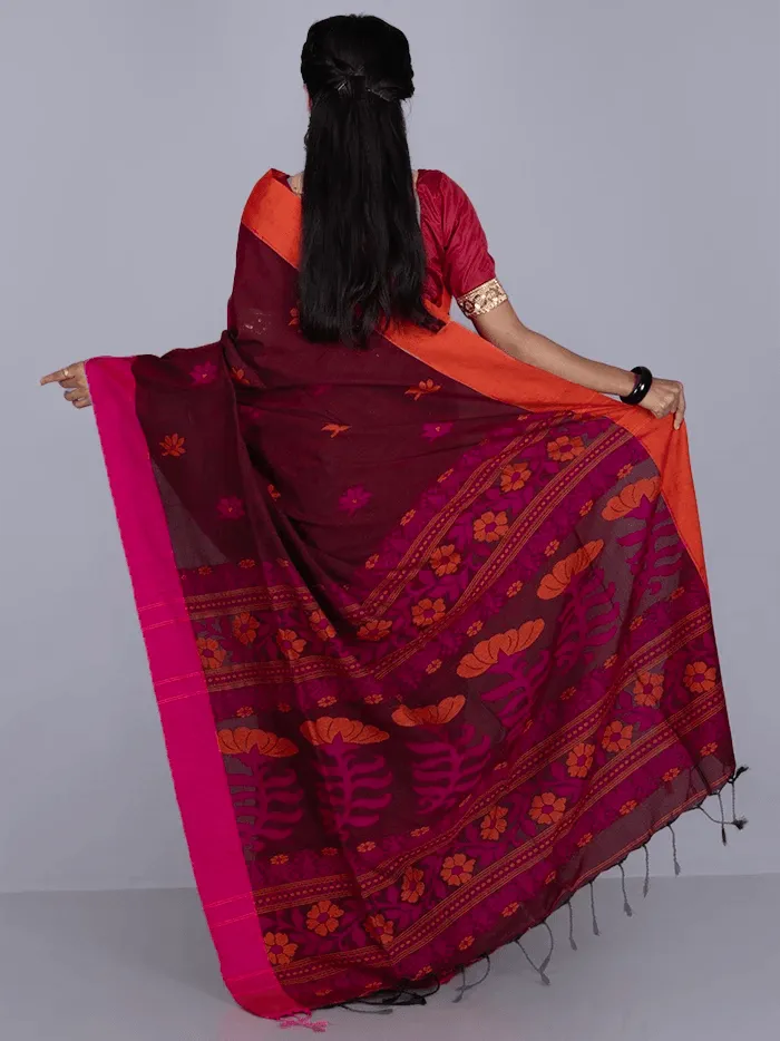 Elegant Maroon Par Anchal Buti Cotton Saree - WeaversIndia