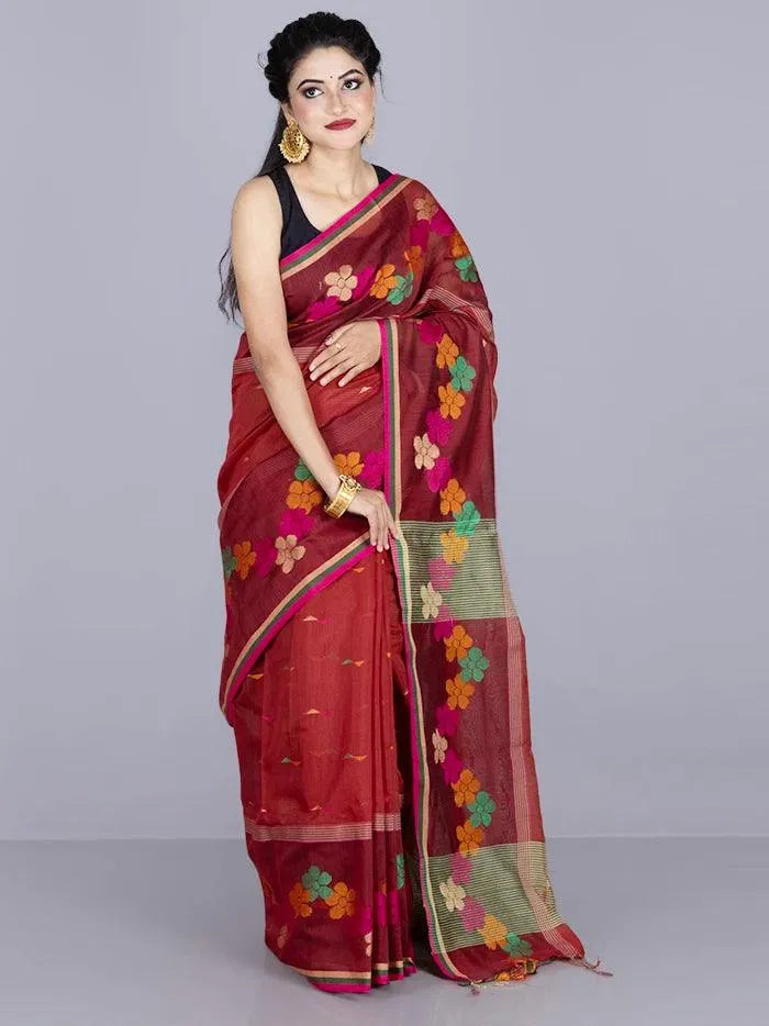 Elegant Maroon Par Anchal Buti Handloom Saree - WeaversIndia