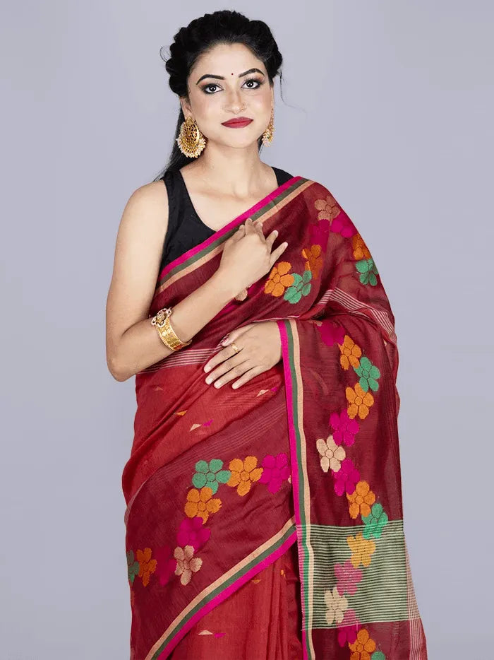 Elegant Maroon Par Anchal Buti Handloom Saree - WeaversIndia