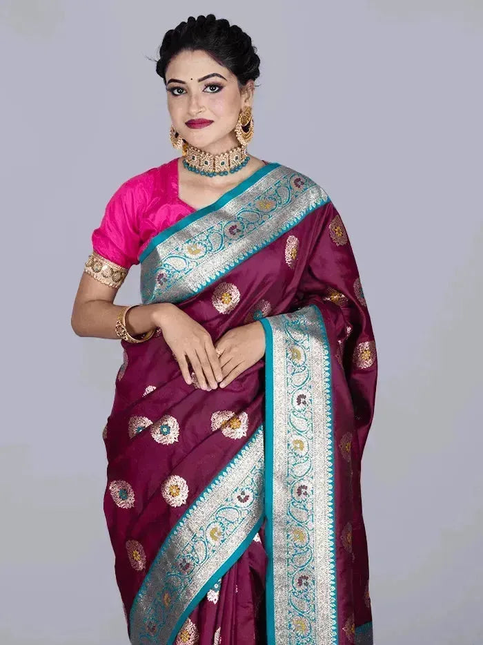 Elegant Maroon Par Anchal Buti Katan Silk Saree - WeaversIndia