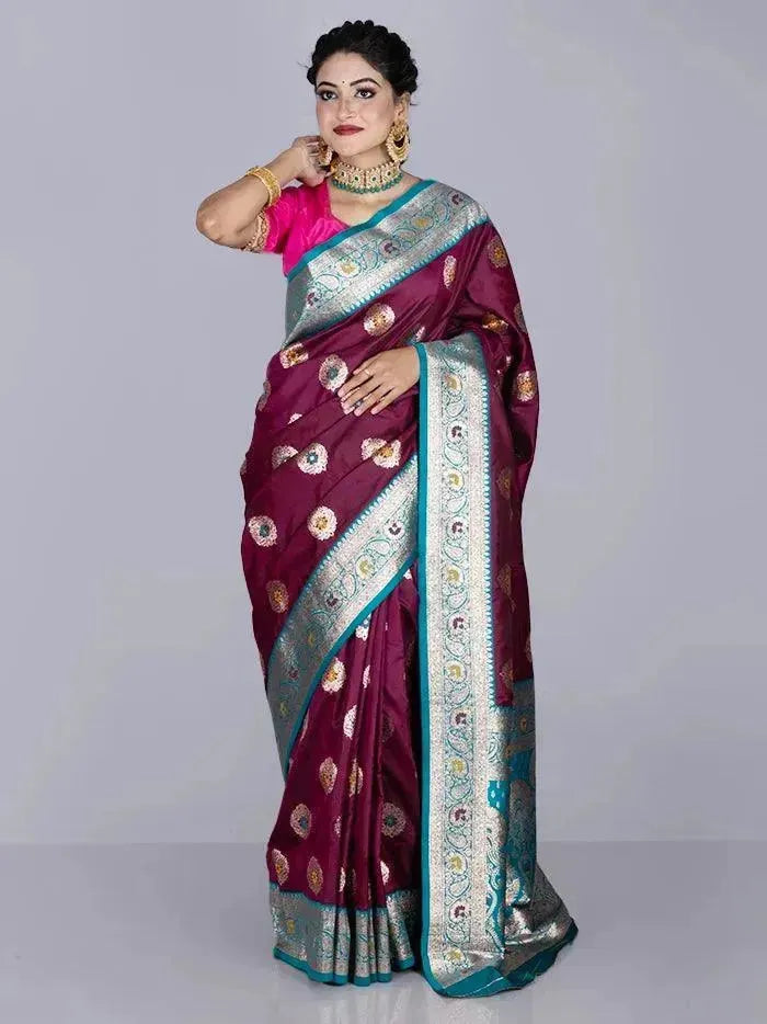 Elegant Maroon Par Anchal Buti Katan Silk Saree - WeaversIndia