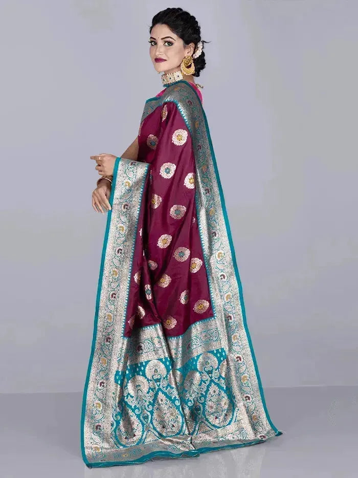 Elegant Maroon Par Anchal Buti Katan Silk Saree - WeaversIndia