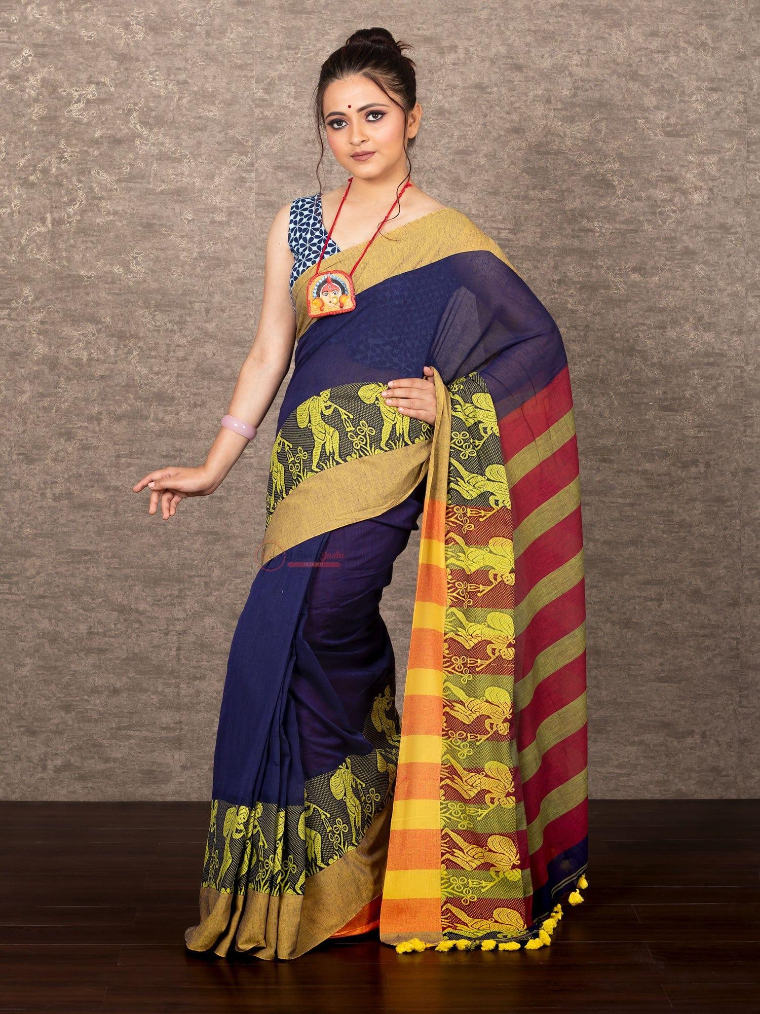 Elegant Nevy Blue Par Anchal Runner Cotton Saree - WeaversIndia