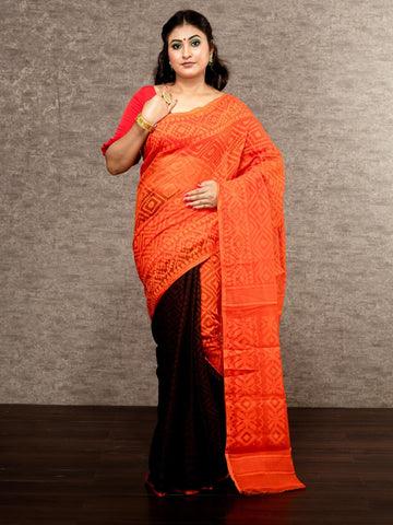 Elegant Orange Black Half Half Dhakai Jamdani Saree - WeaversIndia