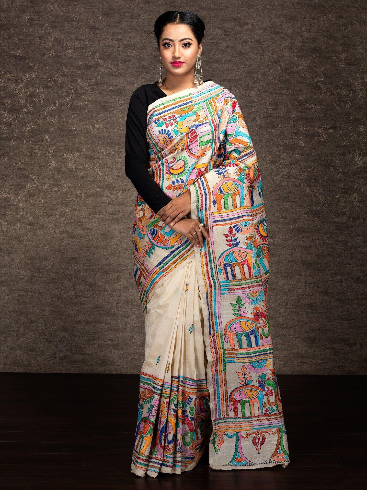 Elegant Par Anchal Buti Kantha Stitch Tussar Silk Saree - WeaversIndia