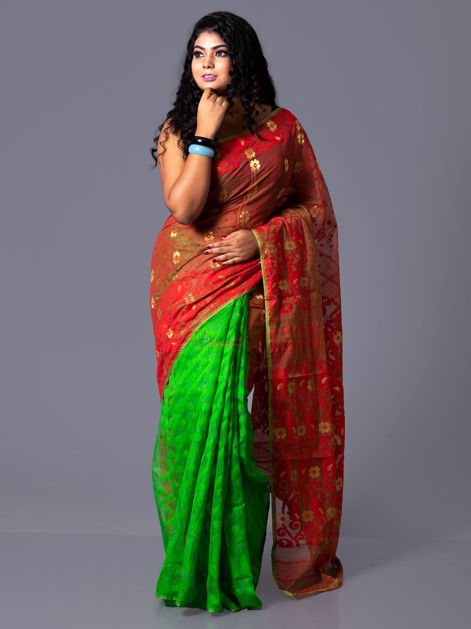 Elegant Pastel Green With Red Half Half Soft Dhakai Jamdani Saree - WeaversIndia