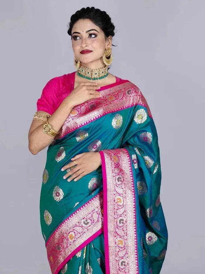 Elegant Persian Green Par Anchal Buti Katan Silk Saree - WeaversIndia