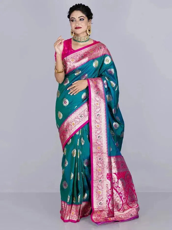 Elegant Persian Green Par Anchal Buti Katan Silk Saree - WeaversIndia