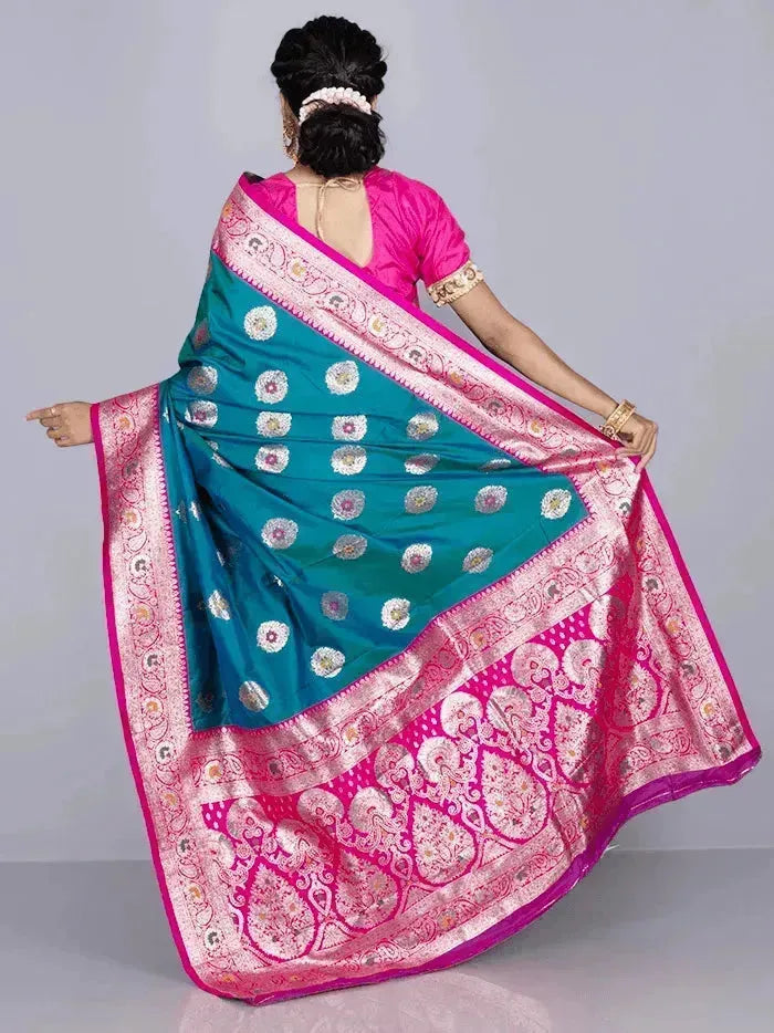 Elegant Persian Green Par Anchal Buti Katan Silk Saree - WeaversIndia