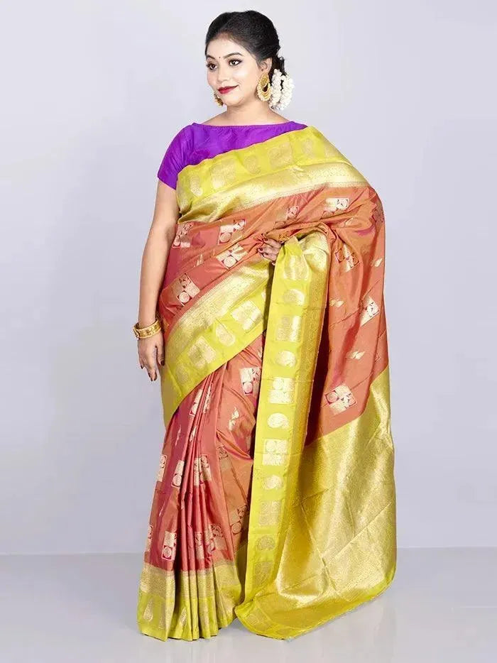 Elegant Persian orange Par Anchal Buti Katan Kanjivaram Silk Saree - WeaversIndia