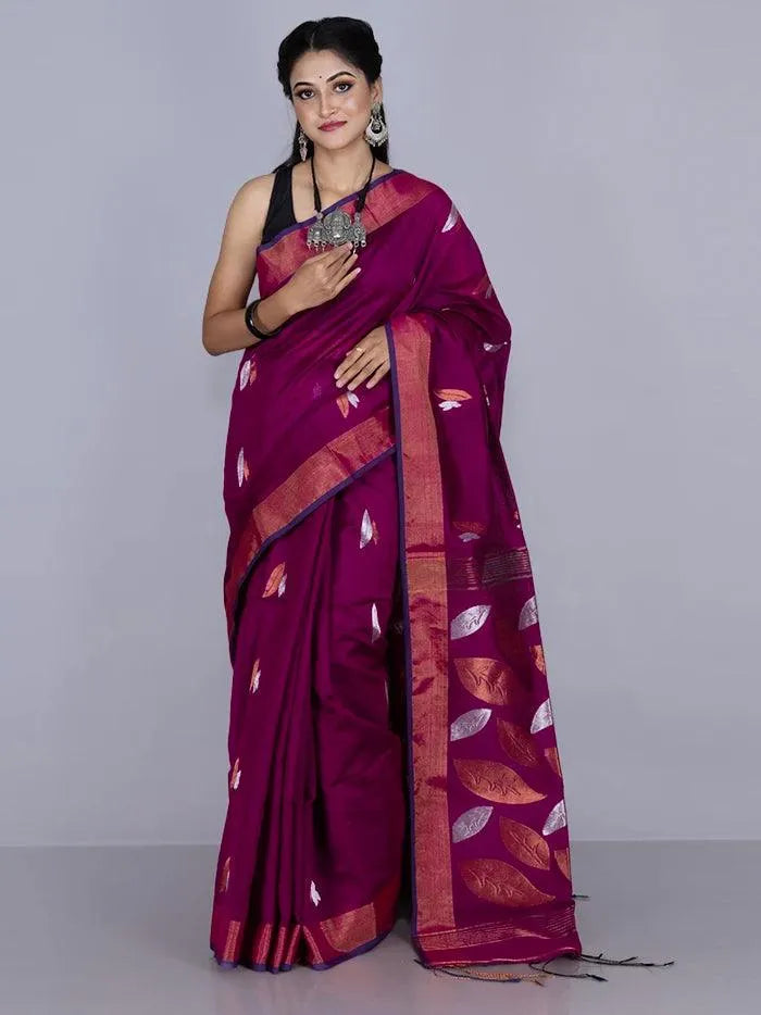 Elegant Purple Par Anchal Buti Blend Cotton Handloom Saree - WeaversIndia