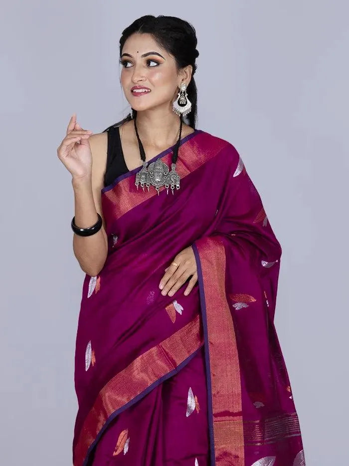 Elegant Purple Par Anchal Buti Blend Cotton Handloom Saree - WeaversIndia