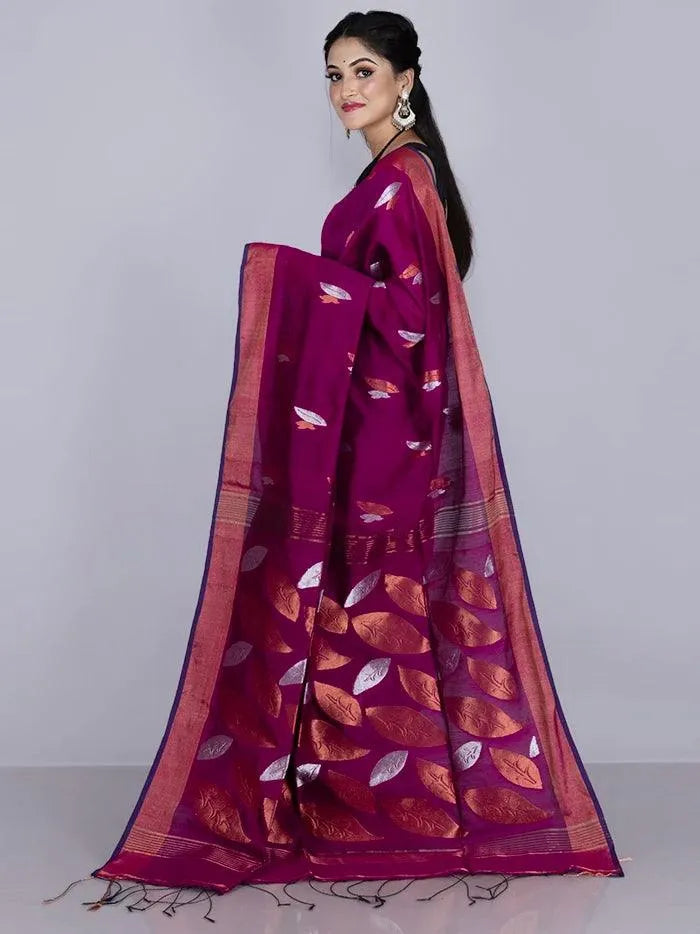 Elegant Purple Par Anchal Buti Blend Cotton Handloom Saree - WeaversIndia