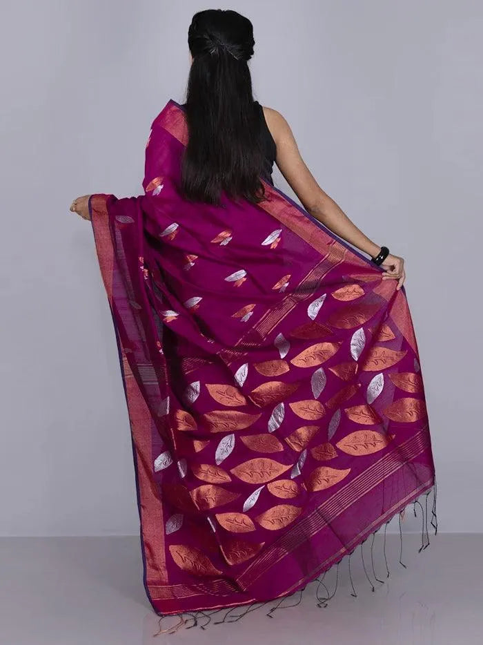 Elegant Purple Par Anchal Buti Blend Cotton Handloom Saree - WeaversIndia