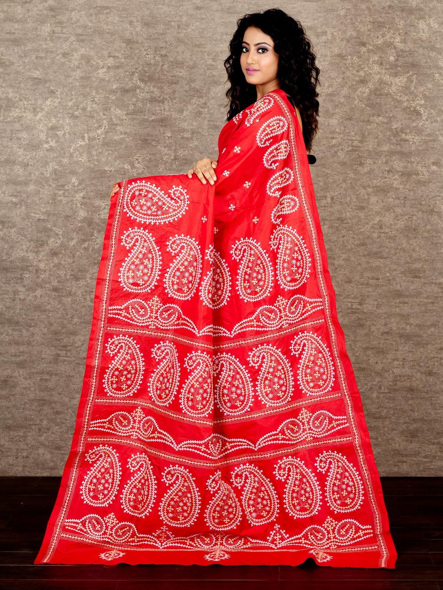 Elegant Red Gujrati Kantha Stitch Bangalore Silk Saree - WeaversIndia