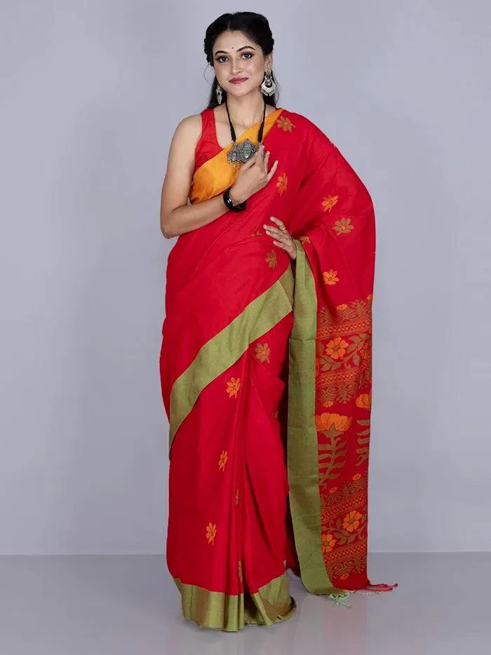 Elegant Red Par Anchal Buti Cotton Saree - WeaversIndia