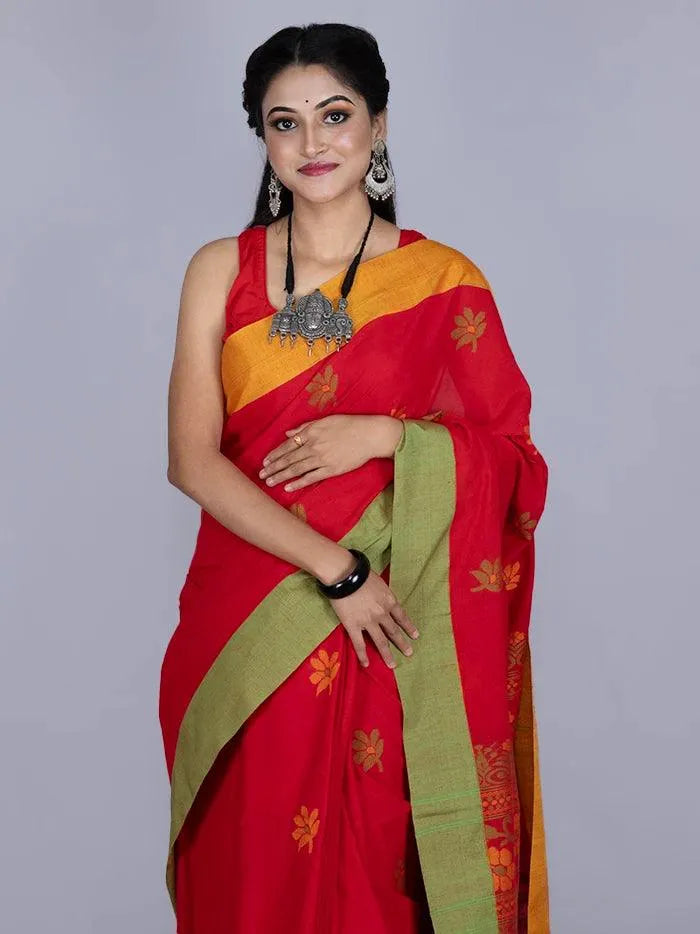 Elegant Red Par Anchal Buti Cotton Saree - WeaversIndia