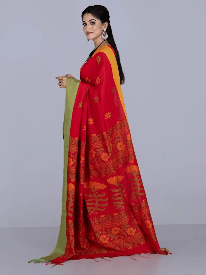 Elegant Red Par Anchal Buti Cotton Saree - WeaversIndia