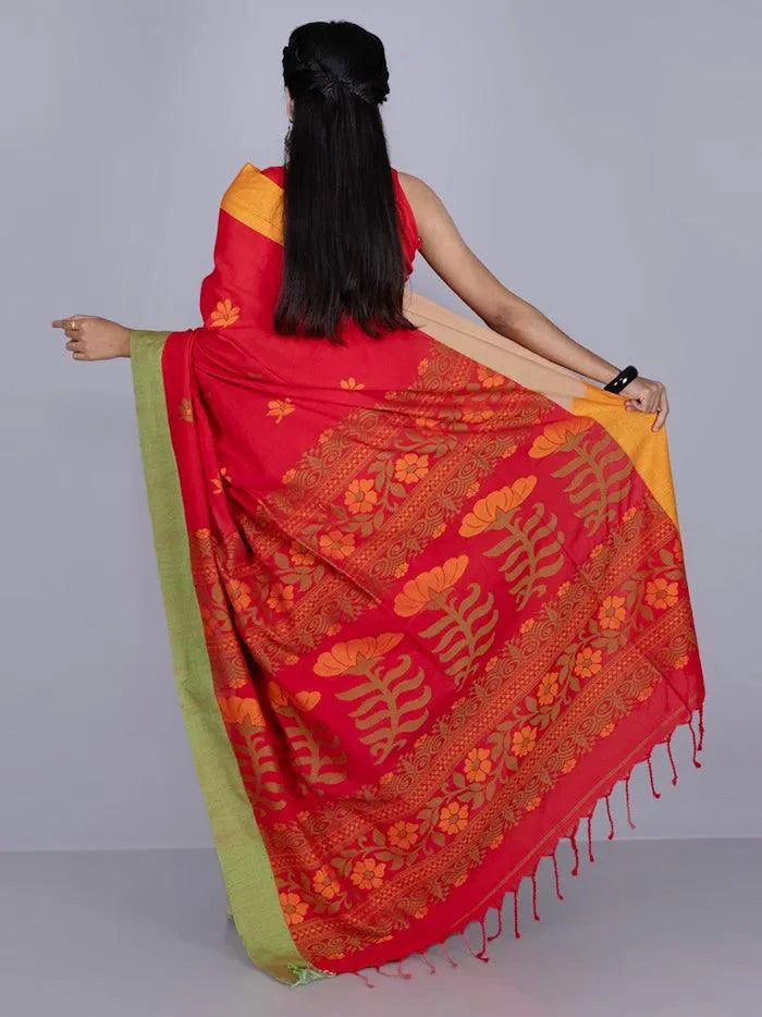 Elegant Red Par Anchal Buti Cotton Saree - WeaversIndia