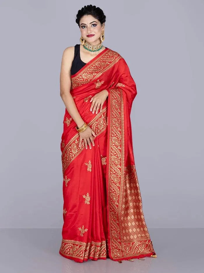 Elegant Red Par Anchal Buti Handloom Saree - WeaversIndia