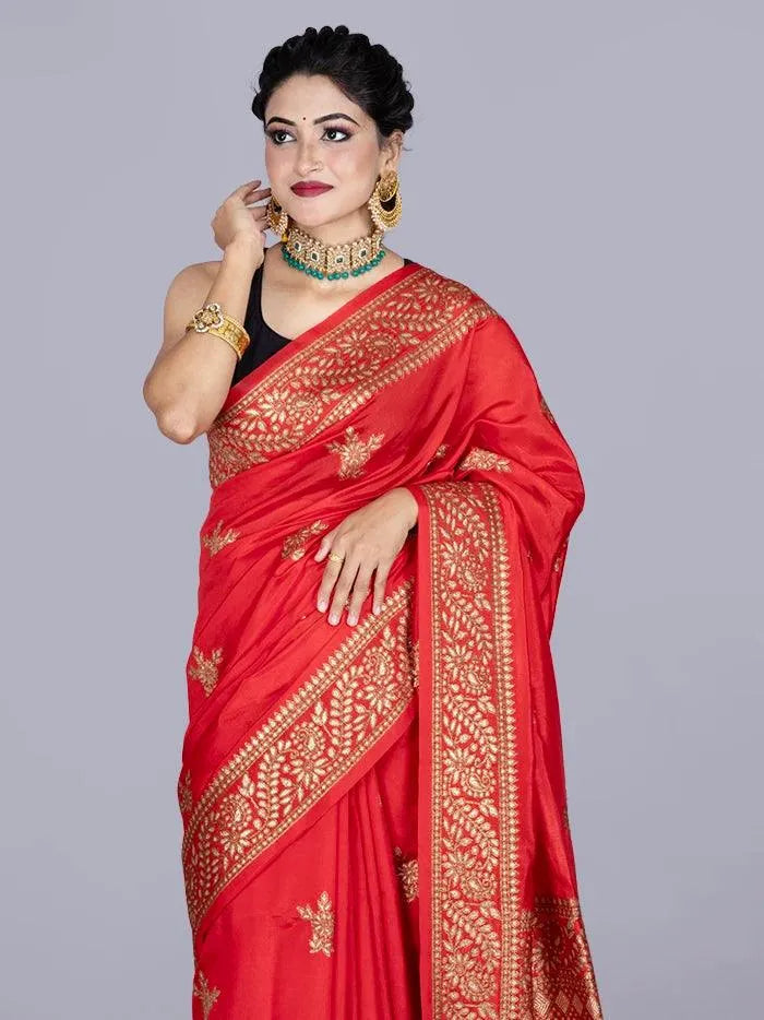 Elegant Red Par Anchal Buti Handloom Saree - WeaversIndia