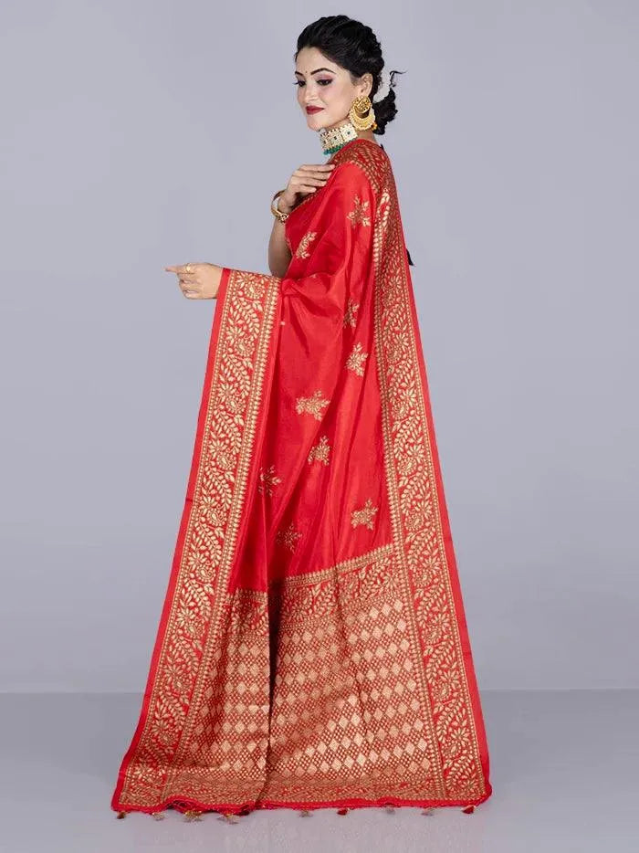 Elegant Red Par Anchal Buti Handloom Saree - WeaversIndia