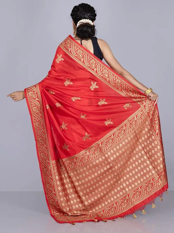 Elegant Red Par Anchal Buti Handloom Saree - WeaversIndia