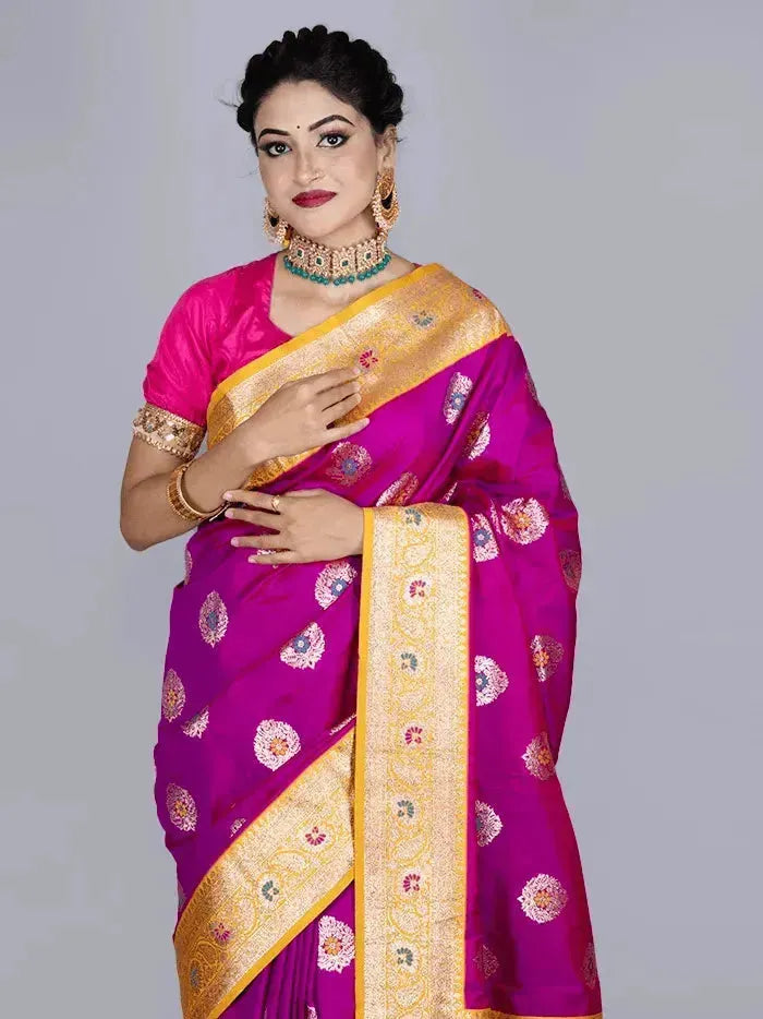 Elegant Red Violet Par Anchal Buti Katan Silk Saree - WeaversIndia