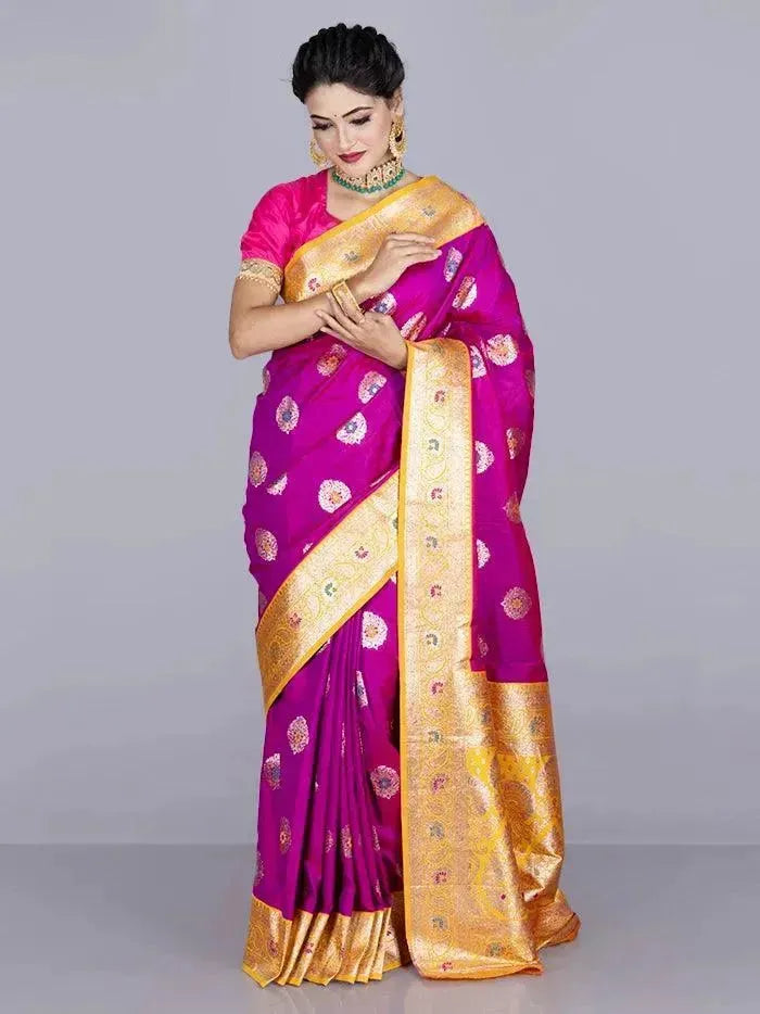 Elegant Red Violet Par Anchal Buti Katan Silk Saree - WeaversIndia