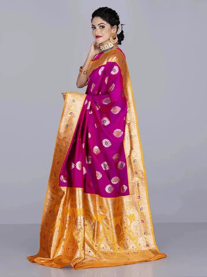 Elegant Red Violet Par Anchal Buti Katan Silk Saree - WeaversIndia