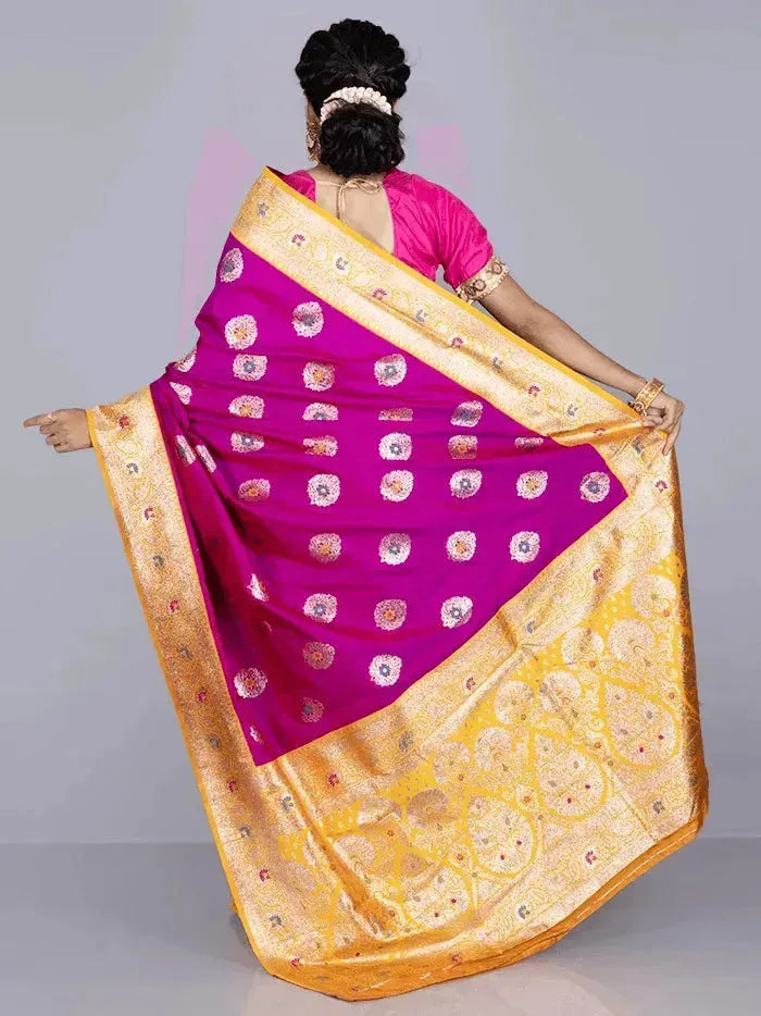 Elegant Red Violet Par Anchal Buti Katan Silk Saree - WeaversIndia