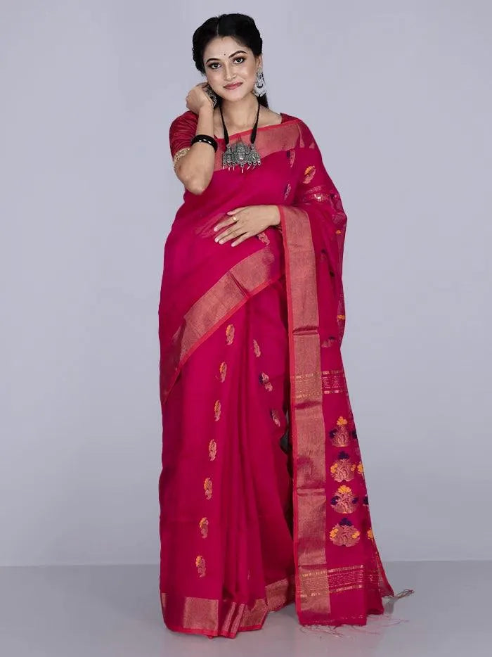 Elegant Rose Red Par Anchal Buti Handloom Saree - WeaversIndia