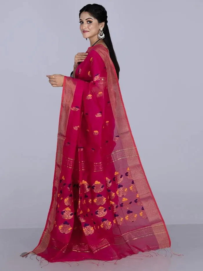 Elegant Rose Red Par Anchal Buti Handloom Saree - WeaversIndia