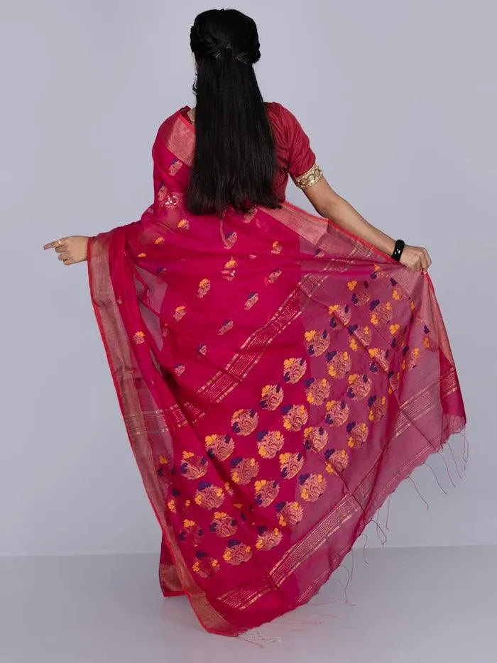 Elegant Rose Red Par Anchal Buti Handloom Saree - WeaversIndia