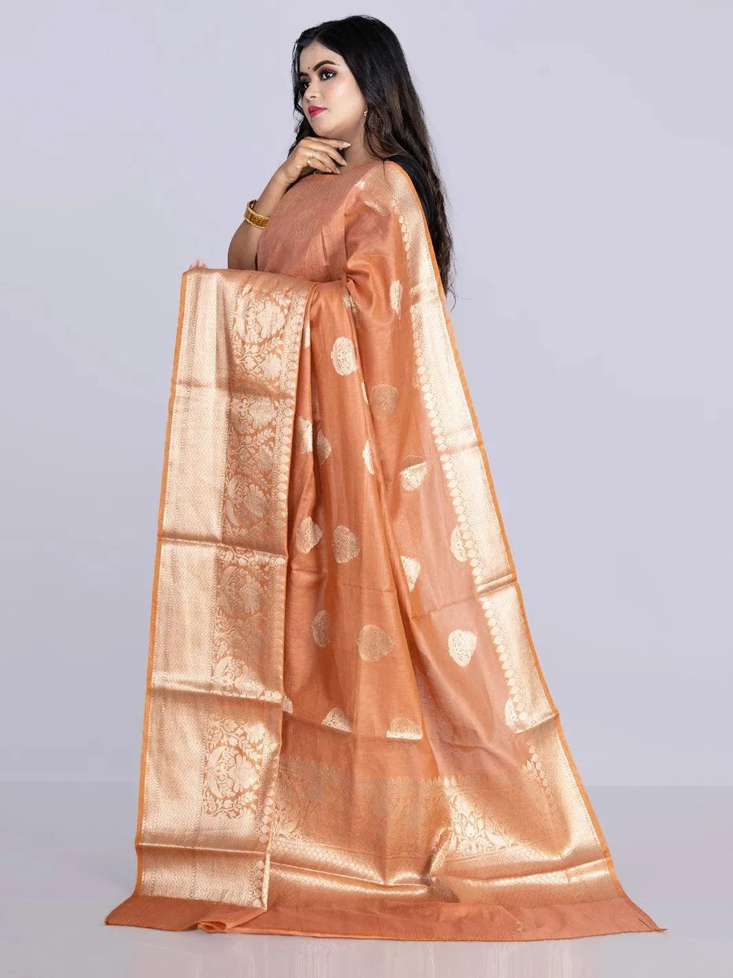 Elegant Rust Par Anchal Buti Linen Silk Saree - WeaversIndia