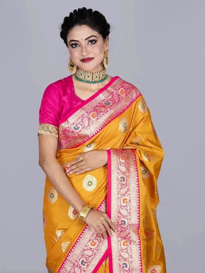 Elegant Saffron Par Anchal Buti Katan Silk Saree - WeaversIndia