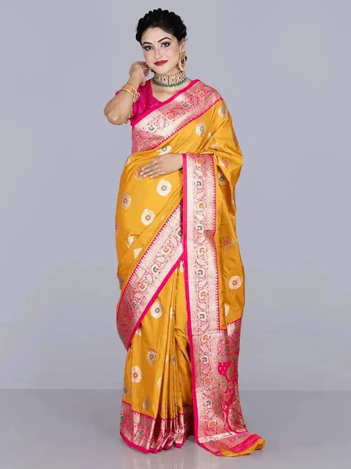 Elegant Saffron Par Anchal Buti Katan Silk Saree - WeaversIndia