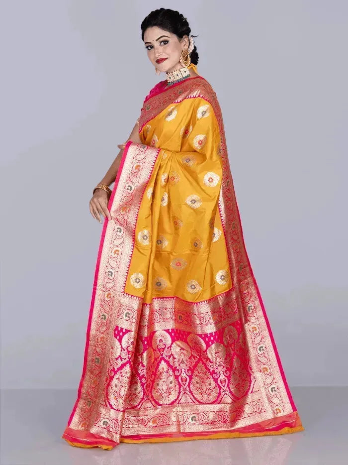 Elegant Saffron Par Anchal Buti Katan Silk Saree - WeaversIndia