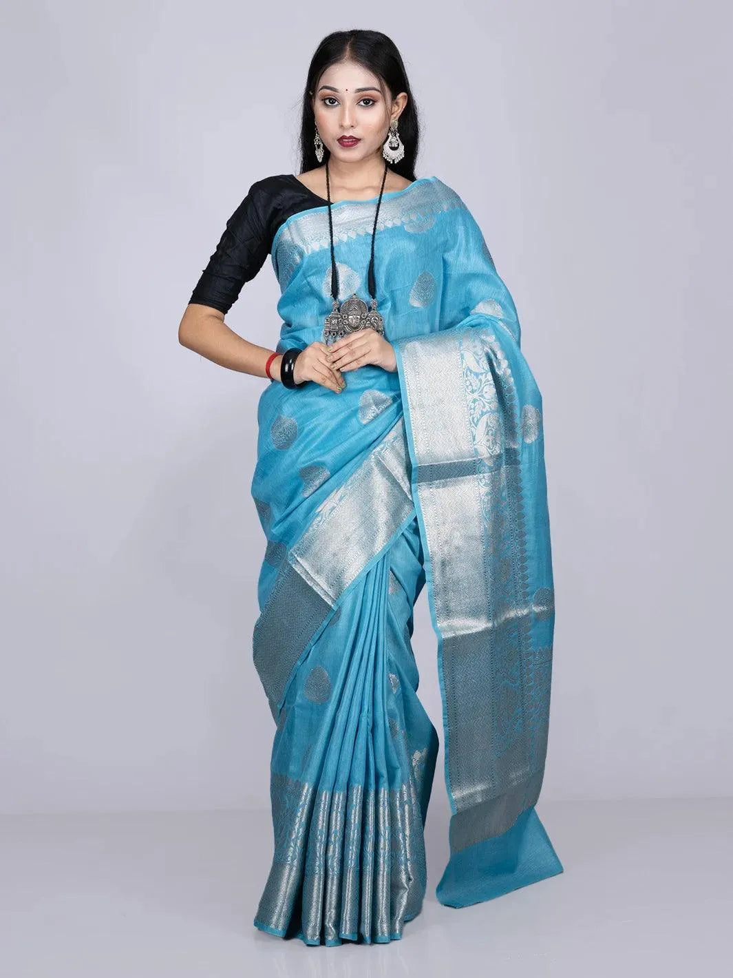 Elegant Sky Blue Par Anchal Buti Linen Silk Saree - WeaversIndia