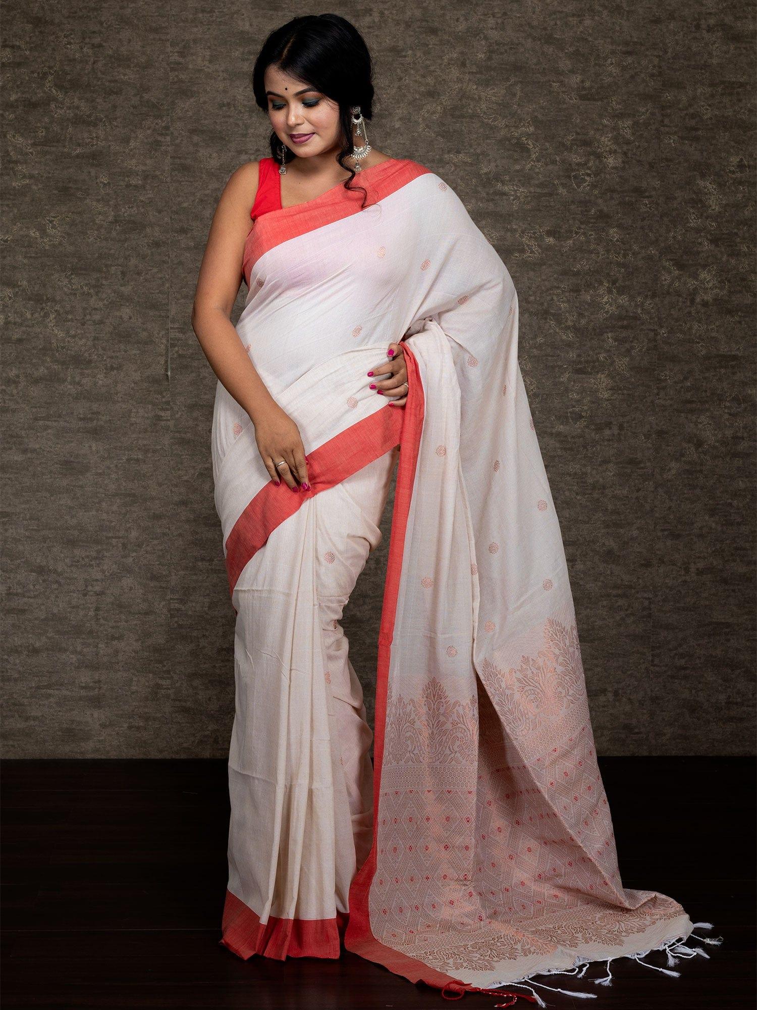 White Orange Butie Pure Cotton Mulmul Printed Sarees Manufacturer Supplier  from Jodhpur India