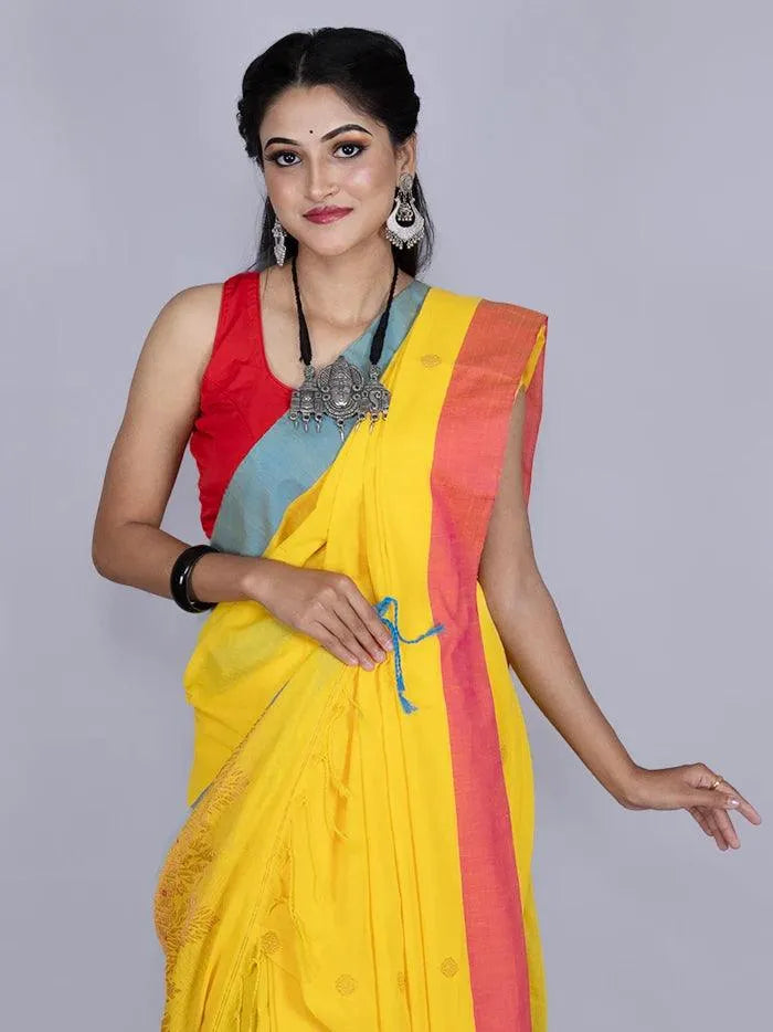 Elegant Yellow Par Anchal Buti Cotton Saree - WeaversIndia