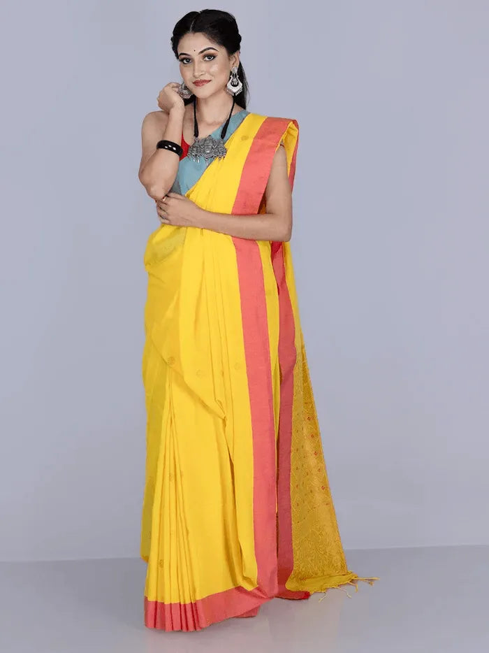 Elegant Yellow Par Anchal Buti Cotton Saree - WeaversIndia