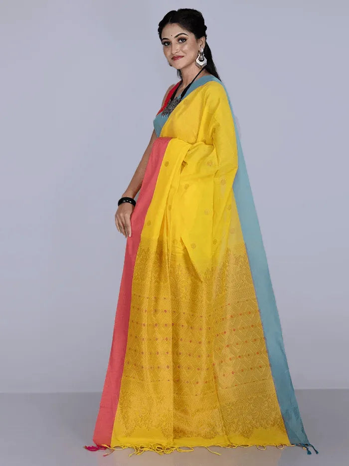 Elegant Yellow Par Anchal Buti Cotton Saree - WeaversIndia