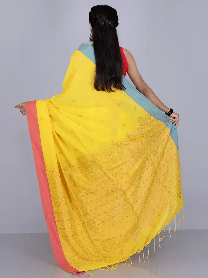 Elegant Yellow Par Anchal Buti Cotton Saree - WeaversIndia