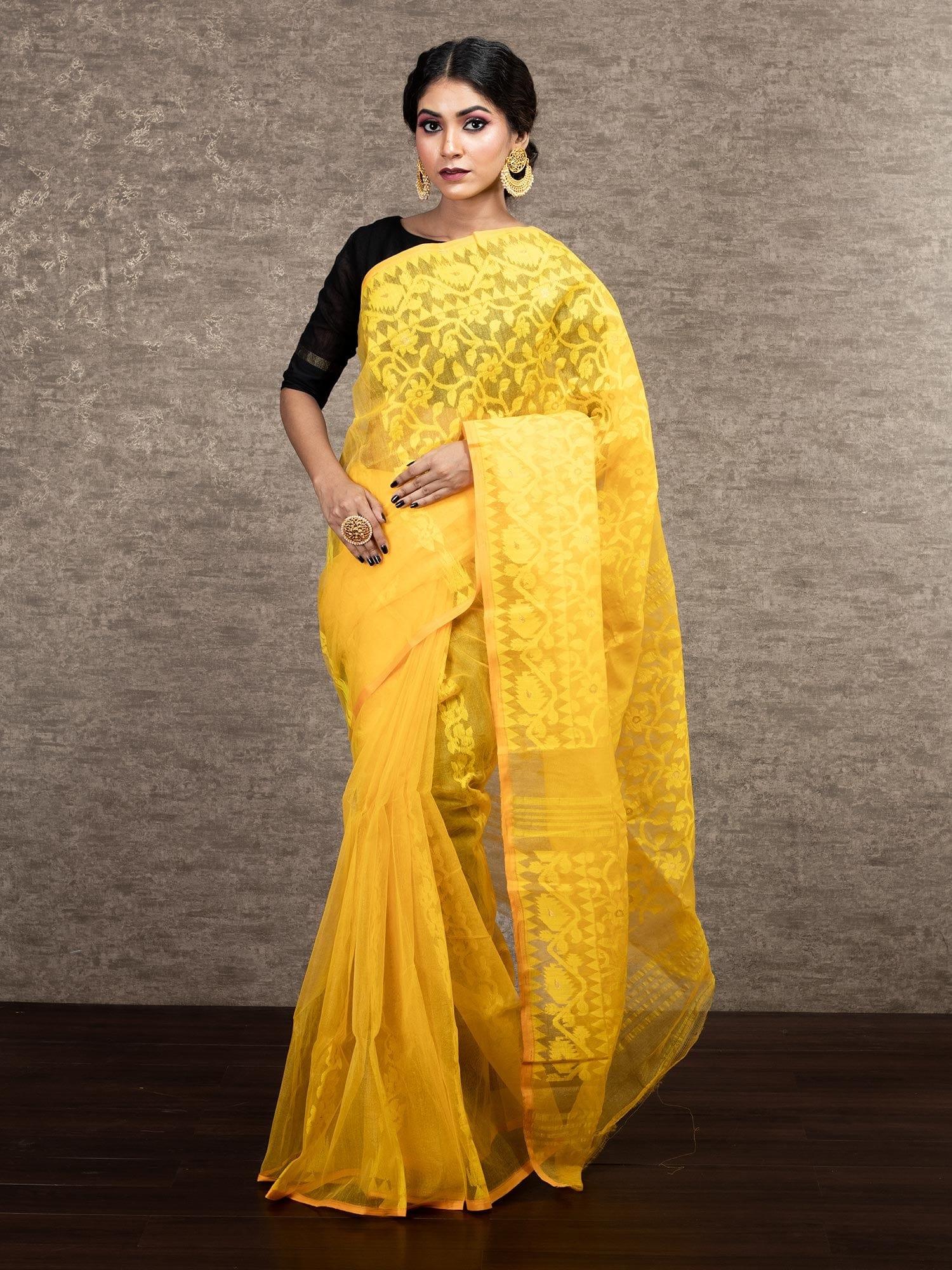 Elegant Yellow Stif Dhakai Jamdani Saree - WeaversIndia