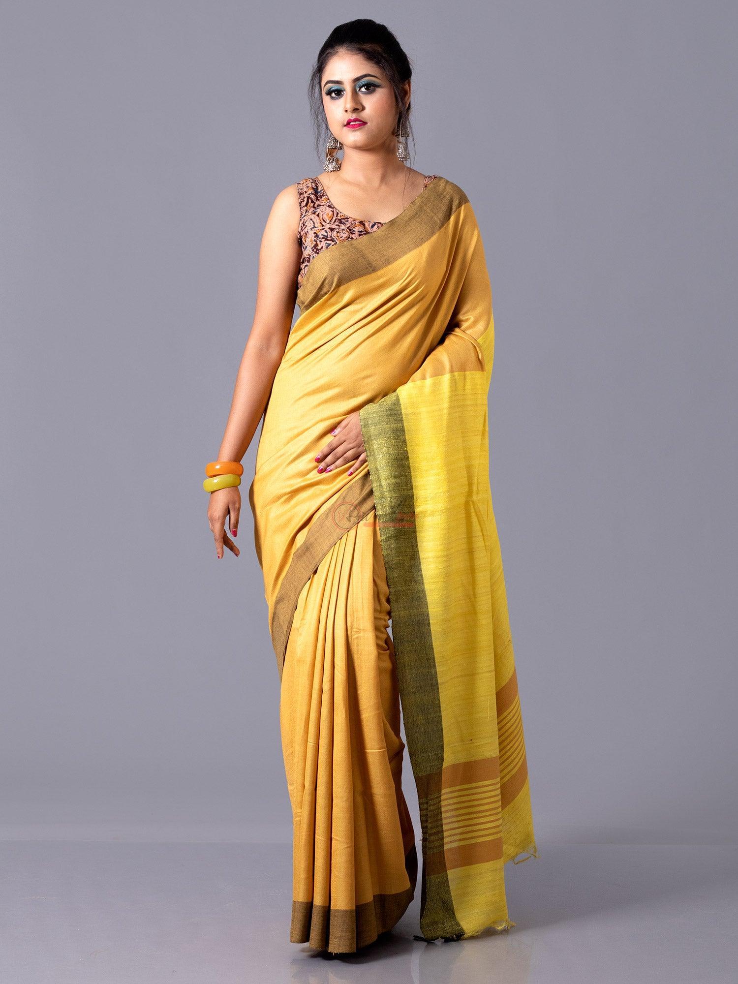 Excellent Mustred Yellow Mulbery Ghicha Silk Anchal Saree - WeaversIndia