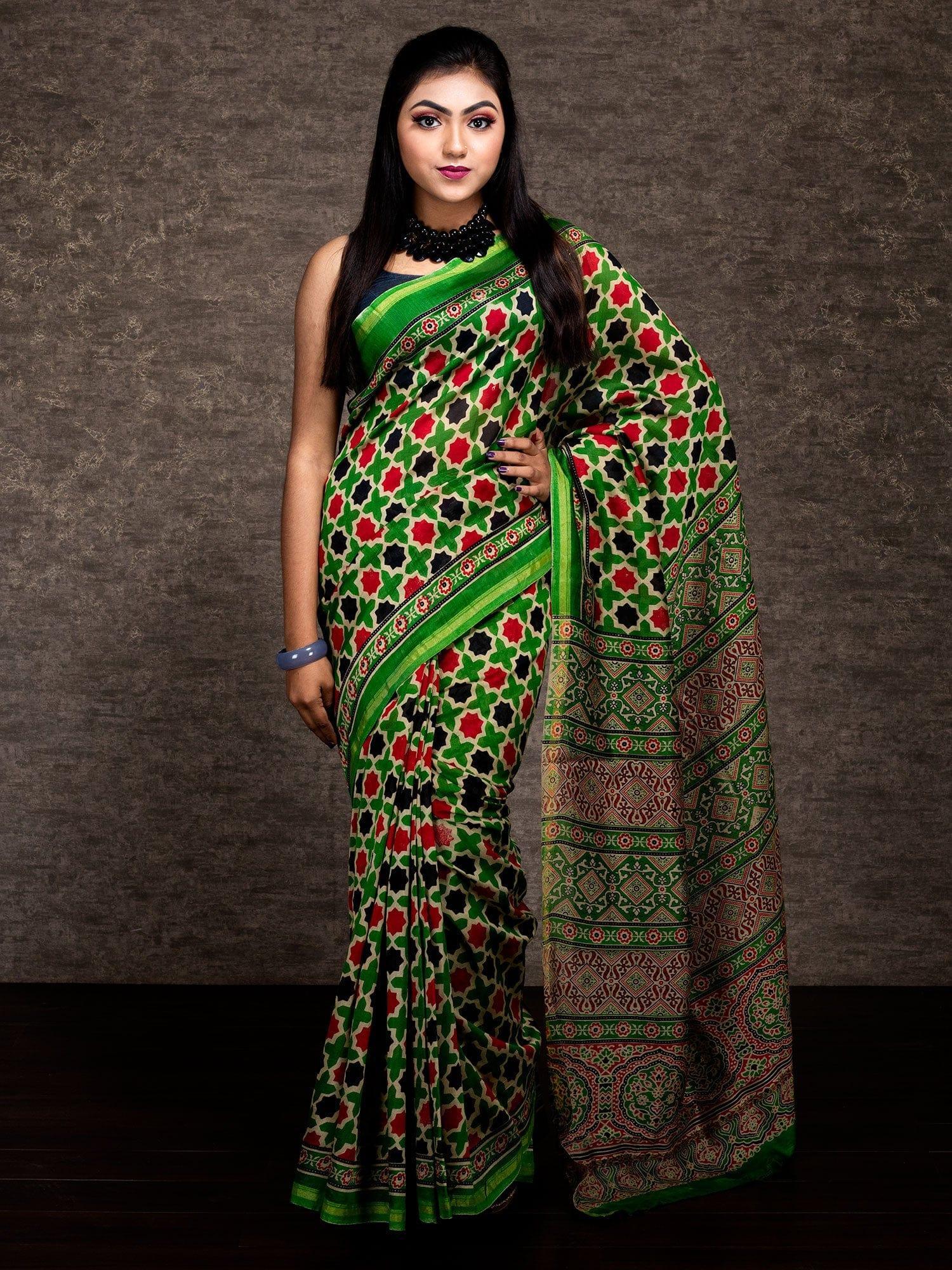 Exceptional Ajrakh Printed Chanderi Silk Saree - WeaversIndia