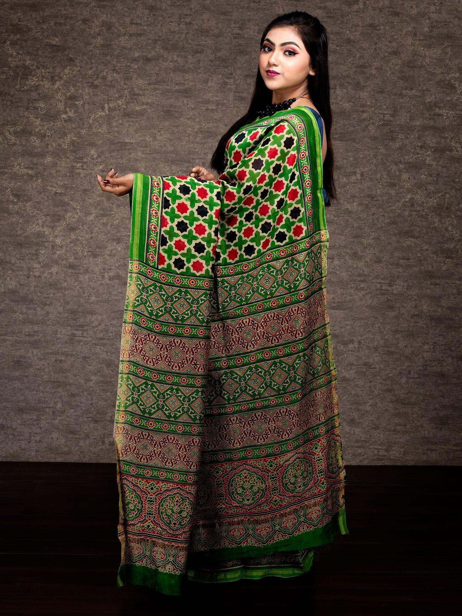 Exceptional Ajrakh Printed Chanderi Silk Saree - WeaversIndia